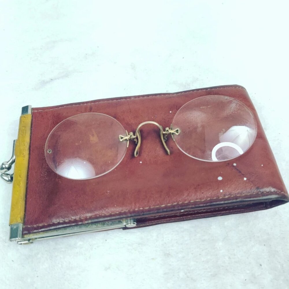Antique Nose Pincher Glasses Missing Chain In Leather Hide Pouch